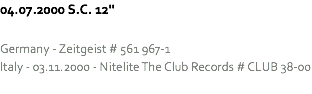 04.07.2000 S.C. 12'' Germany - Zeitgeist # 561 967-1
Italy - 03.11.2000 - Nitelite The Club Records # CLUB 38-00
