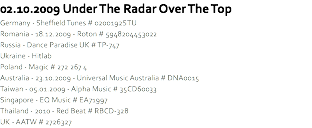 02.10.2009 Under The Radar Over The Top
Germany - Sheffield Tunes # 0200192STU
Romania - 18.12.2009 - Roton # 5948204453022
Russia - Dance Paradise UK # TP-747
Ukraine - Hitlab
Poland - Magic # 272 267 4
Australia - 23.10.2009 - Universal Music Australia # DNA0015
Taiwan - 05.01.2009 - Alpha Music # 35CD60033
Singapore - EQ Music # EA71997
Thailand - 2010 - Red Beat # RBCD-328
UK - AATW # 2726327