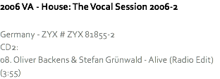 2006 VA - House: The Vocal Session 2006-2 Germany - ZYX # ZYX 81855-2
CD2:
08. Oliver Backens & Stefan Grünwald - Alive (Radio Edit) (3:55)
