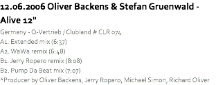 12.06.2006 Oliver Backens & Stefan Gruenwald - Alive 12"
Germany - Q-Vertrieb / Clubland # CLR 074
A1. Extended mix (6:37)
A2. WaWa remix (6:48)
B1. Jerry Ropero remix (8:08)
B2. Pump Da Beat mix (7:07)
*Producer by Oliver Backens, Jerry Ropero, Michael Simon, Richard Oliver