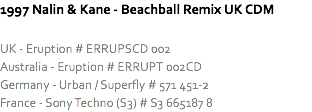 1997 Nalin & Kane - Beachball Remix UK CDM UK - Eruption # ERRUPSCD 002
Australia - Eruption # ERRUPT 002CD
Germany - Urban / Superfly # 571 451-2
France - Sony Techno (S3) # S3 665187 8