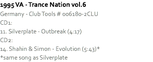 1995 VA - Trance Nation vol.6
Germany - Club Tools # 006180-2CLU
CD1:
11. Silverplate - Outbreak (4:17)
CD2:
14. Shahin & Simon - Evolution (5:43)*
*same song as Silverplate