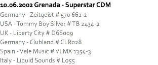 10.06.2002 Grenada - Superstar CDM
Germany - Zeitgeist # 570 661-2
USA - Tommy Boy Silver # TB 2434-2
UK - Liberty City # D6S009
Germany - Clubland # CLR028
Spain - Vale Music # VLMX 1354-3
Italy - Liquid Sounds # L055