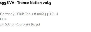 1996 VA - Trance Nation vol.9 Germany - Club Tools # 006253-2CLU
CD1:
13. S.G.S. - Surprise (6:34)
