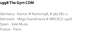 1998 The Gym CDM Germany - Kontor # Kontor038, # 567 681-2
Denmark - Mega Scandinavia # MRCXCD 2918
Spain - Vale Musix
France - Panic
